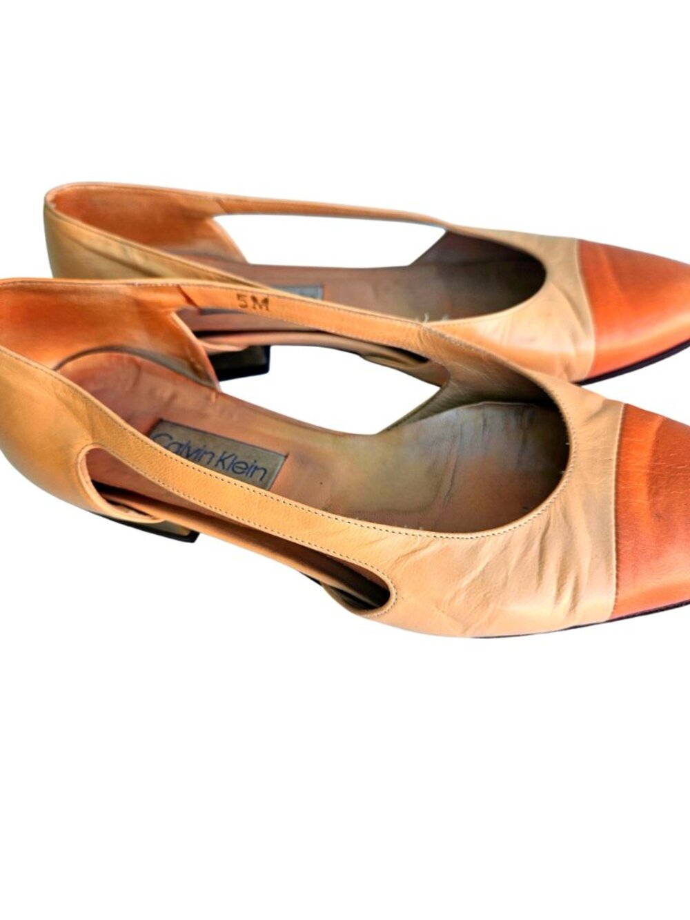 Vintage Calvin Klein Flats Italy Leather Cap Toe Cutout Beige Orange Sz 5 - Picture 10 of 12